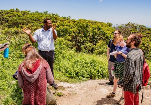 field lecturing by bushes